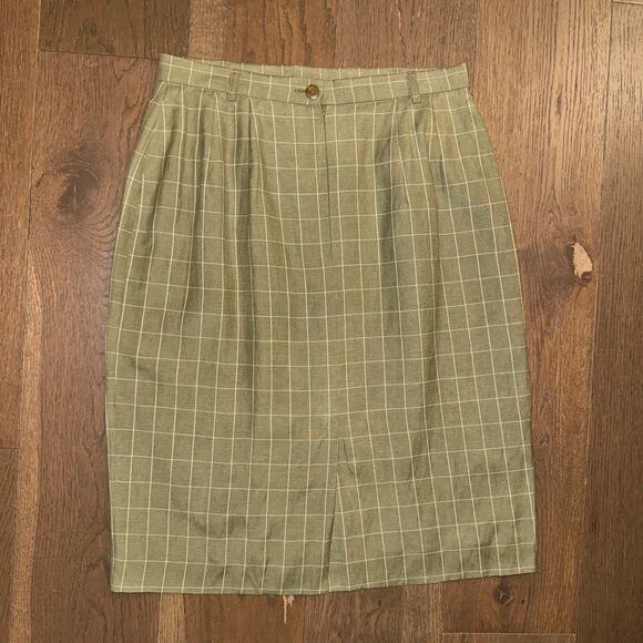 Vintage Jaeger Silk & Linen Green windowpane Skirt size 12 Made in Great Britain - Picture 2 of 4